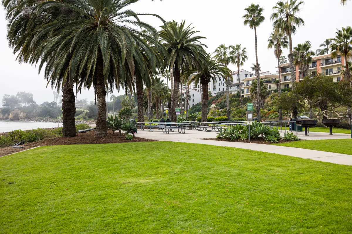 Picnic area at Leadbetter Beach Park, inviting visitors for a day under the sun with convenient amenities.